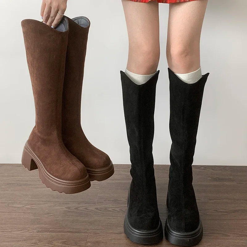Elegant Chic Vintage High Boots for Women - Slim Fit with Back Zippers, Ideal for Autumn & Winter, Stylish Thick Heel Knight Booties