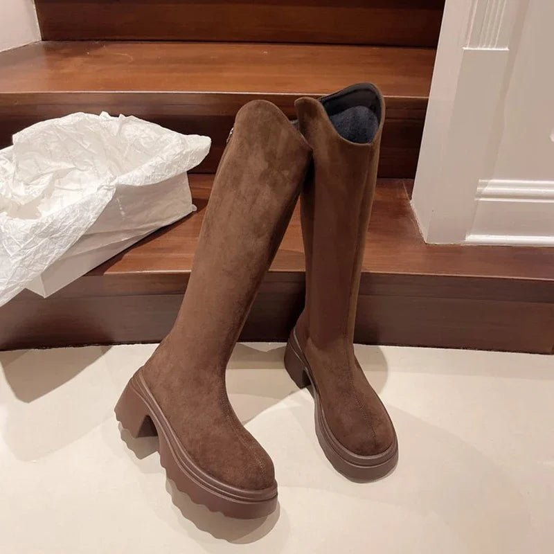 Elegant Chic Vintage High Boots for Women - Slim Fit with Back Zippers, Ideal for Autumn & Winter, Stylish Thick Heel Knight Booties
