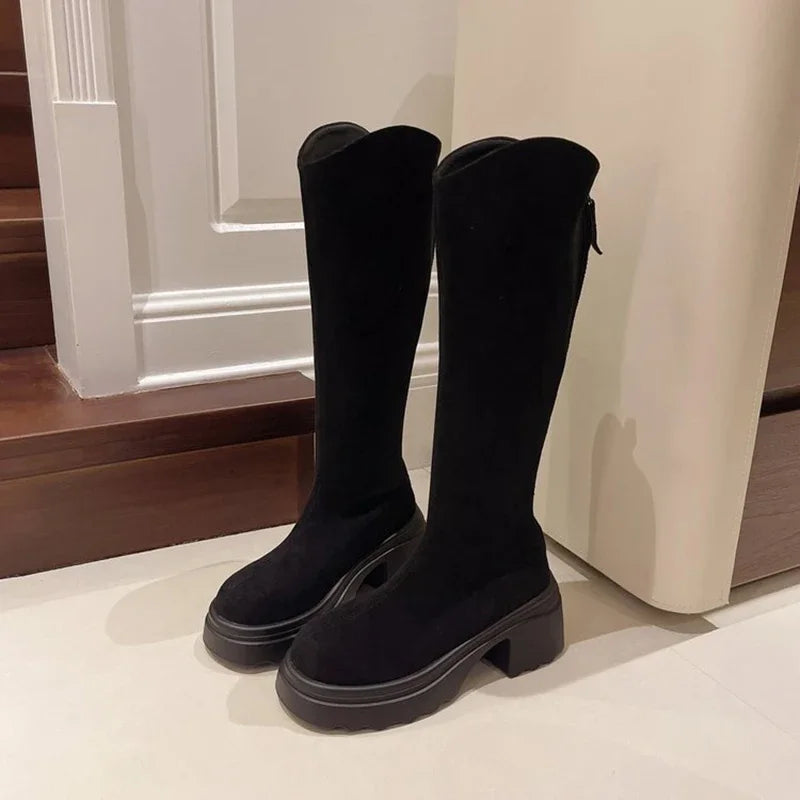 Elegant Chic Vintage High Boots for Women - Slim Fit with Back Zippers, Ideal for Autumn & Winter, Stylish Thick Heel Knight Booties