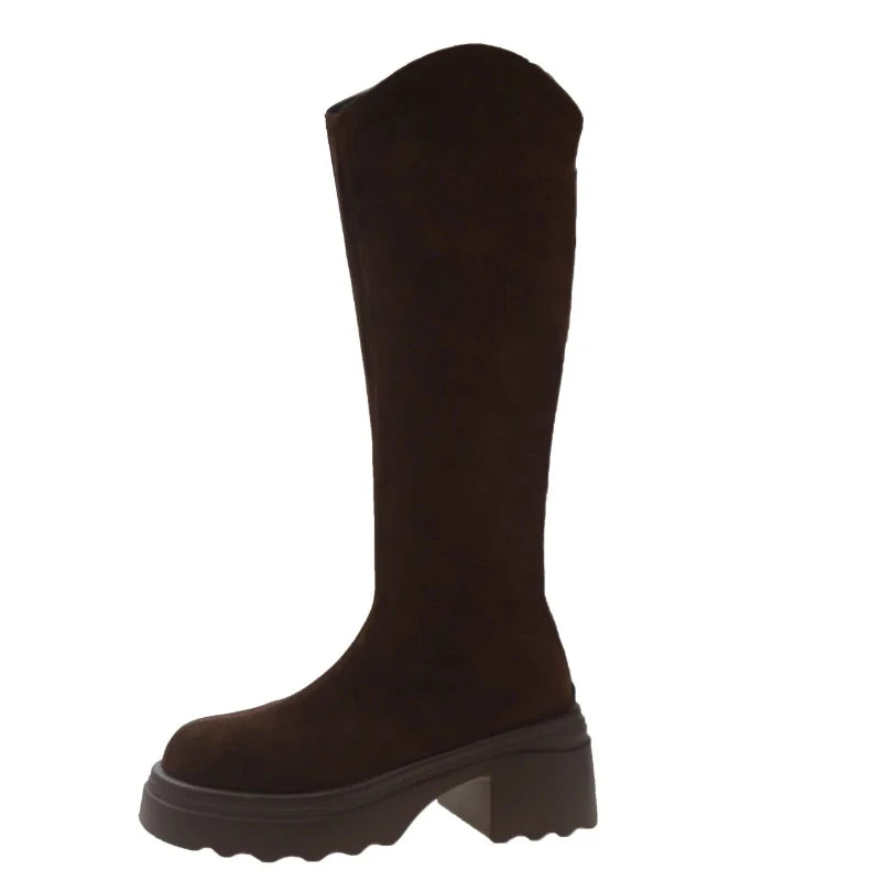 Elegant Chic Vintage High Boots for Women - Slim Fit with Back Zippers, Ideal for Autumn & Winter, Stylish Thick Heel Knight Booties